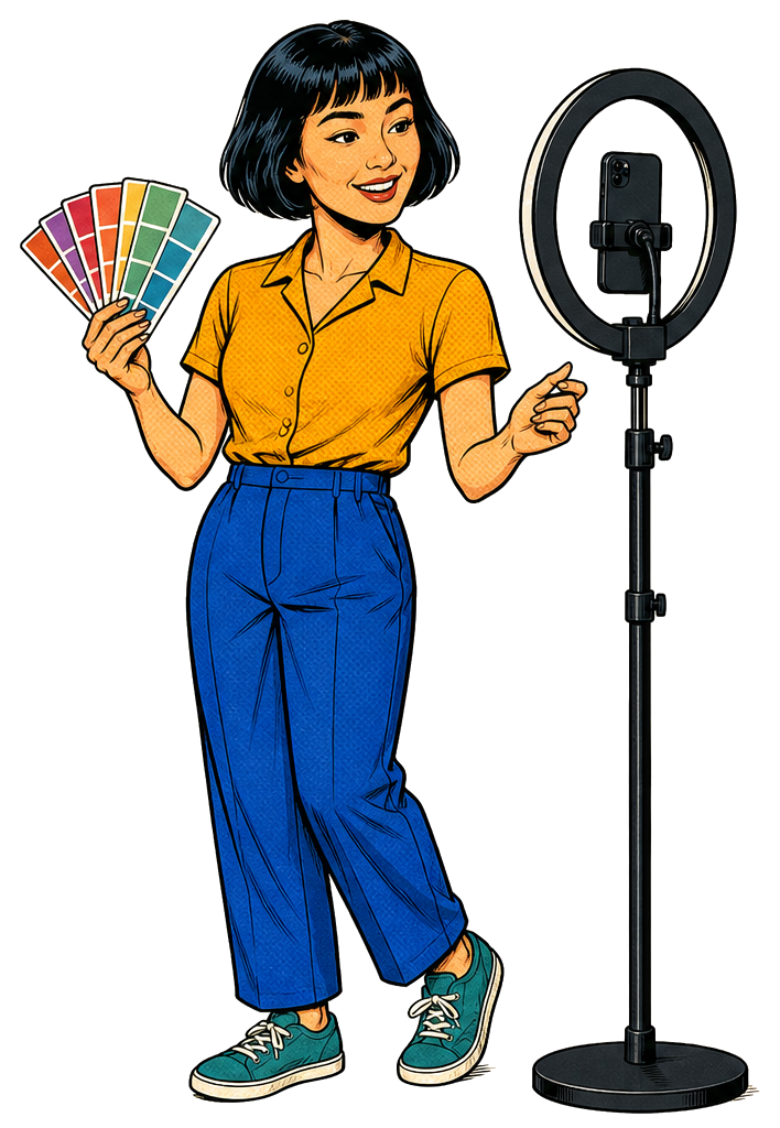 Confident pop-comic-style designer creating content beside a ring light