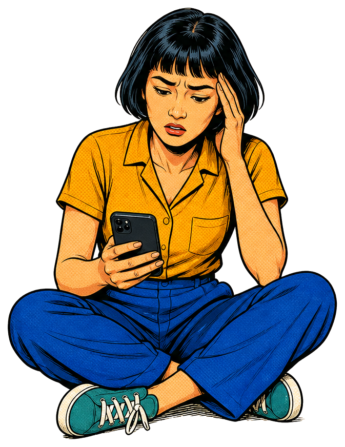 Stressed pop-comic-style designer seated while checking brand messages on her phone