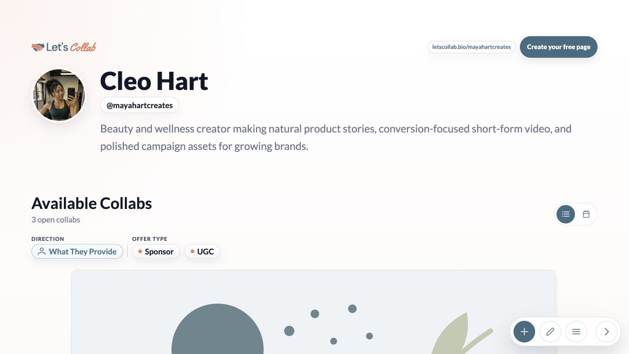 Public creator page presenting two complete Collab packages on desktop