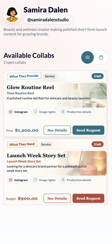 Samira Dalen public creator page showing two available Collabs: Glow Routine Reel and Launch Week Story Set