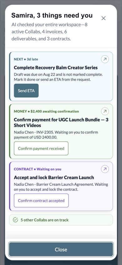 LetsCollab mobile AI Overview showing three real workspace priorities across a deliverable, money, and a contract